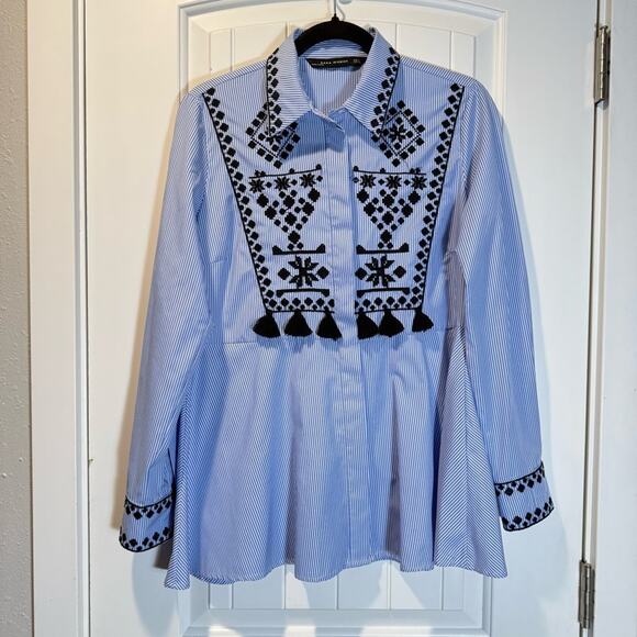 Zara Tops - Zara top blue and white stripe with black embroidery size Small
